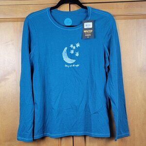 NWT Life Is Good Aqua Classic Fit Crew Neck Long Sleeve Tee Stay Out All Night M